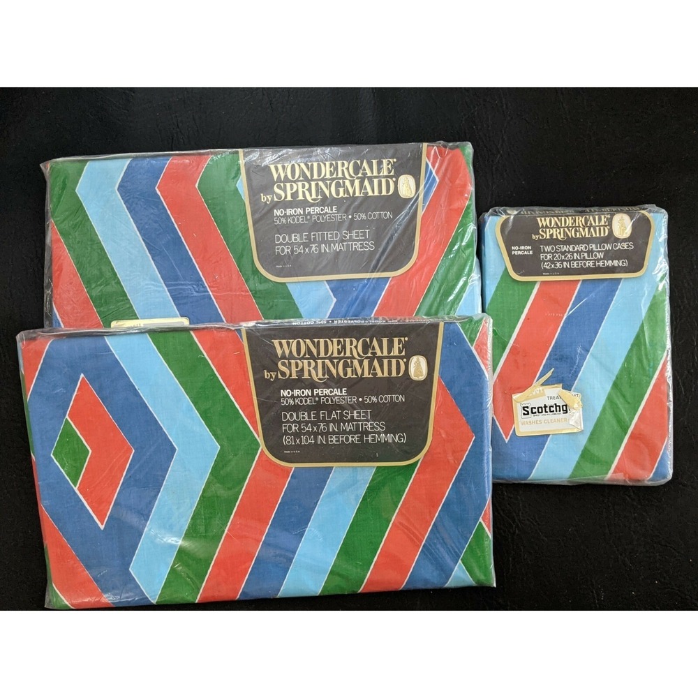 Springmaid Wondercale Chevron Double Sheet Set 4pc Red Green Blue MCM NEW